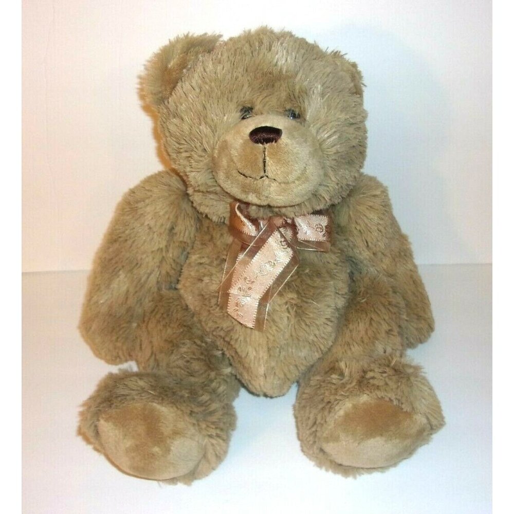 Color Rich Limited Tan Teddy Bear Ribbon Bow Sitting Brown Nose 13" Shaggy Plush